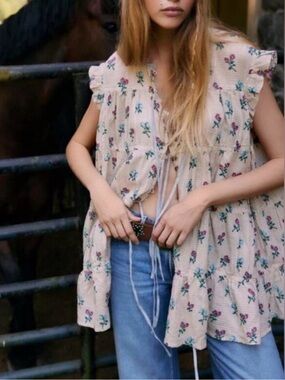 Free people Sundown Mini dress ivory floral flowy print, small NWT